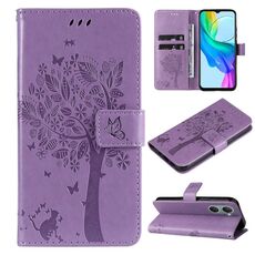 Per vivo Y03 Custodia in pelle con motivo in rilievo albero e gatto (viola chiaro)