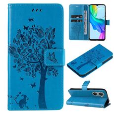 Per vivo Y03 Custodia per telefono in pelle con motivo albero e gatto in rilievo (blu)
