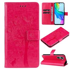 Custodia per cellulare in pelle con motivo albero e gatto in rilievo per vivo Y03 (rosa rossa)