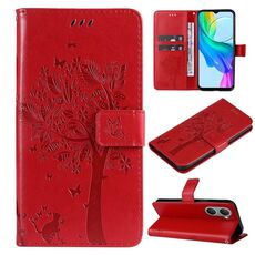 Custodia per cellulare in pelle con motivo albero e gatto in rilievo per vivo Y03 (rossa)