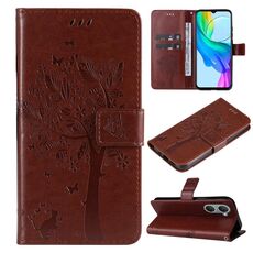 Per vivo Y03 Custodia per cellulare in pelle con motivo albero e gatto in rilievo (caffè)