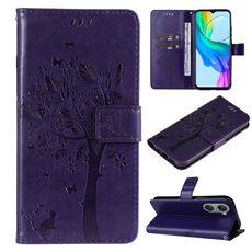 Custodia per cellulare in pelle con motivo albero e gatto in rilievo per vivo Y03 (viola)