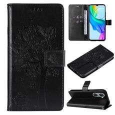 Custodia per cellulare in pelle con motivo albero e gatto in rilievo per vivo Y03 (nera)