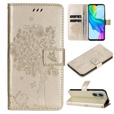 Custodia per cellulare in pelle con motivo albero e gatto in rilievo per vivo Y03 (oro)