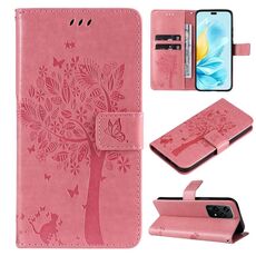 Custodia per telefono in pelle con motivo a rilievo per albero e gatto per Honor 200 Lite (rosa)