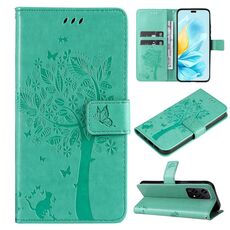 Custodia per cellulare in pelle Flip con motivo Global Tree e gatto in rilievo per Honor 200 Lite (verde)