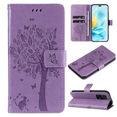 Custodia per cellulare in pelle con motivo a rilievo Global Tree & Cat per Honor 200 Lite (viola chiaro)
