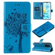 Custodia per cellulare in pelle con motivo a rilievo Global Tree & Cat per Honor 200 Lite (blu)