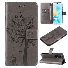 Custodia per telefono in pelle Flip con motivo Global Tree e gatto in rilievo per Honor 200 Lite (grigio)