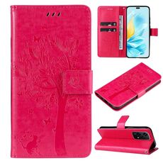 Custodia per telefono in pelle Flip con motivo globale albero e gatto in rilievo per Honor 200 Lite (rosa rosso)