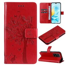 Custodia per telefono in pelle con motivo a rilievo albero e gatto per Honor 200 Lite (rosso)