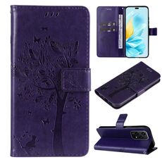 Custodia per telefono in pelle Flip con motivo globale albero e gatto in rilievo per Honor 200 Lite (viola)
