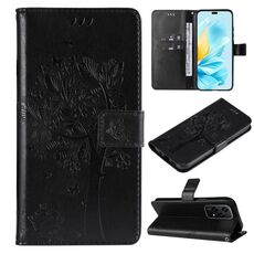 Custodia per cellulare in pelle con motivo a rilievo Global Tree & Cat per Honor 200 Lite (nera)