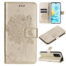 Custodia per telefono in pelle Flip con motivo globale albero e gatto in rilievo per Honor 200 Lite (oro)