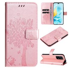 Custodia per cellulare in pelle con motivo a rilievo Global Tree & Cat per Honor 200 Lite (oro rosa)