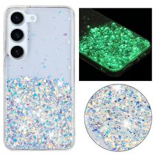 Per Samsung Galaxy S23+ 5G Custodia per telefono in TPU con polvere glitterata nottilucente con cornice trasparente (bianca)