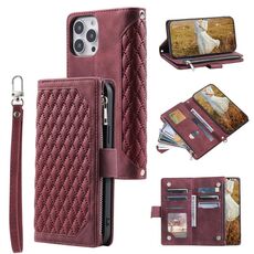 Per Xiaomi Redmi 13 4G Custodia per telefono in pelle con cerniera con struttura a griglia e cordino (rosso vino)