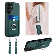 Per Samsung Galaxy S24 Ultra 5G R20 Custodia per telefono con anello a tracolla e carta (verde)