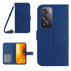 Per OPPO Reno 12 Pro 5G Custodia per telefono in pelle con stampa girasole e cordino (blu scuro)