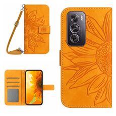 Per OPPO Reno 12 Pro 5G Global Skin Feel Custodia per telefono in pelle con vibrazione in rilievo girasole con cordino (Giallo)