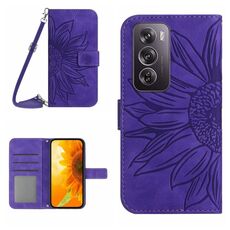Per OPPO Reno 12 Pro 5G Global Skin Feel Custodia per telefono in pelle con vibrazione in rilievo girasole con cordino (viola scuro)