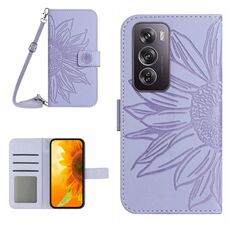 Per OPPO Reno 12 5G Global Skin Feel Custodia per telefono in pelle con vibrazione in rilievo girasole con cordino (viola)