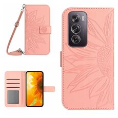 Per OPPO Reno 12 5G Global Skin Feel Custodia per telefono in pelle con vibrazione in rilievo girasole con cordino (rosa)