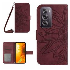 Per OPPO Reno 12 5G Global Skin Feel Custodia per telefono in pelle con vibrazione in rilievo girasole con cordino (vino rosso)