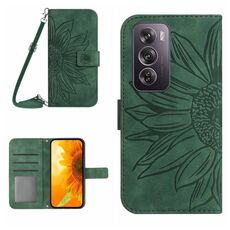 Per OPPO Reno 12 5G Global Skin Feel Custodia per cellulare in pelle con motivo girasole goffrato con cordino (verde)