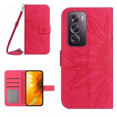Per OPPO Reno 12 5G Global Skin Feel Custodia per telefono in pelle con vibrazione in rilievo girasole con cordino (rosa rosso)