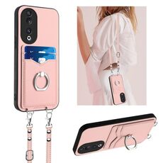 Per Honor 90 R20 Custodia per telefono con porta carte di credito con anello in corda a tracolla (rosa)