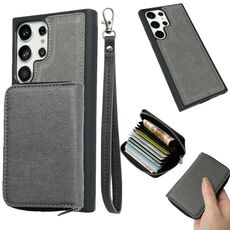 Per Samsung Galaxy S22 Ultra 5G Custodia per telefono con cerniera in tinta unita con 11 slot per schede e cordino (grigio)