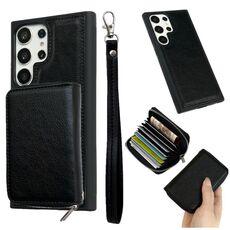 Per Samsung Galaxy S21 Ultra 5G Custodia per telefono con cerniera in tinta unita con 11 slot per schede e cordino (nero)