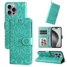 Custodia per telefono in pelle girasole goffrata per iPhone 16 Pro Max (verde)