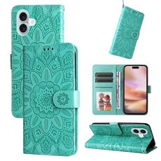 Custodia per telefono in pelle girasole goffrata per iPhone 16 Plus (verde)