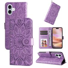 Per iPhone 16 Plus Custodia per telefono in pelle con motivo girasole in rilievo (viola)