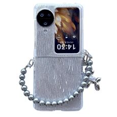 Per OPPO Find N3 Flip PC Fibbia laterale + Increspature Custodia per telefono a copertura totale in carta glitterata con braccialetto (Argento)