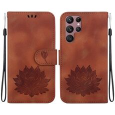 Custodia per telefono in pelle goffrata Lotus per Samsung Galaxy S22 Ultra 5G (marrone)