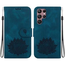 Custodia per telefono in pelle goffrata Lotus per Samsung Galaxy S22 Ultra 5G (blu scuro)