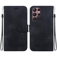Custodia per telefono in pelle goffrata Lotus per Samsung Galaxy S22 Ultra 5G (nera)