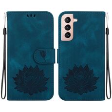 Custodia per telefono in pelle goffrata Lotus per Samsung Galaxy S22+ 5G (blu scuro)