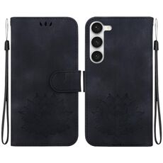 Custodia per telefono in pelle goffrata Lotus per Samsung Galaxy S23 5G (nera)