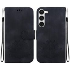 Custodia per telefono in pelle goffrata Lotus per Samsung Galaxy S23+ 5G (nera)