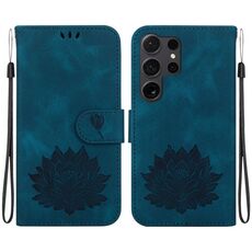 Custodia per telefono in pelle goffrata Lotus per Samsung Galaxy S24 Ultra 5G (blu scuro)