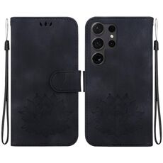 Custodia per telefono in pelle goffrata Lotus per Samsung Galaxy S24 Ultra 5G (nera)