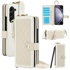 Per Samsung Galaxy Z Flod6 Custodia per telefono con struttura rombica e cordino lungo e corto, penna non inclusa (Beige)