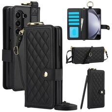 Per Samsung Galaxy Z Flod6 Custodia per telefono con texture rombica con cordino lungo e corto, penna non inclusa (nero)