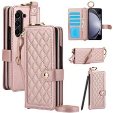 Per Samsung Galaxy Z Flod6 Custodia per telefono con texture rombica con cordino lungo e corto, penna non inclusa (oro rosa)