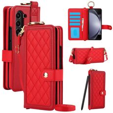 Per Samsung Galaxy Z Flod6 Custodia per telefono con texture rombica con cordino lungo e corto, penna non inclusa (Rosso)