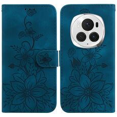 Custodia per telefono in pelle goffrata Honor Magic6 Pro Lily (blu scuro)